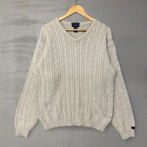 Vintage Gant USA Men's Large Cable Knit V Neck Sweater Cotton‎ Beige